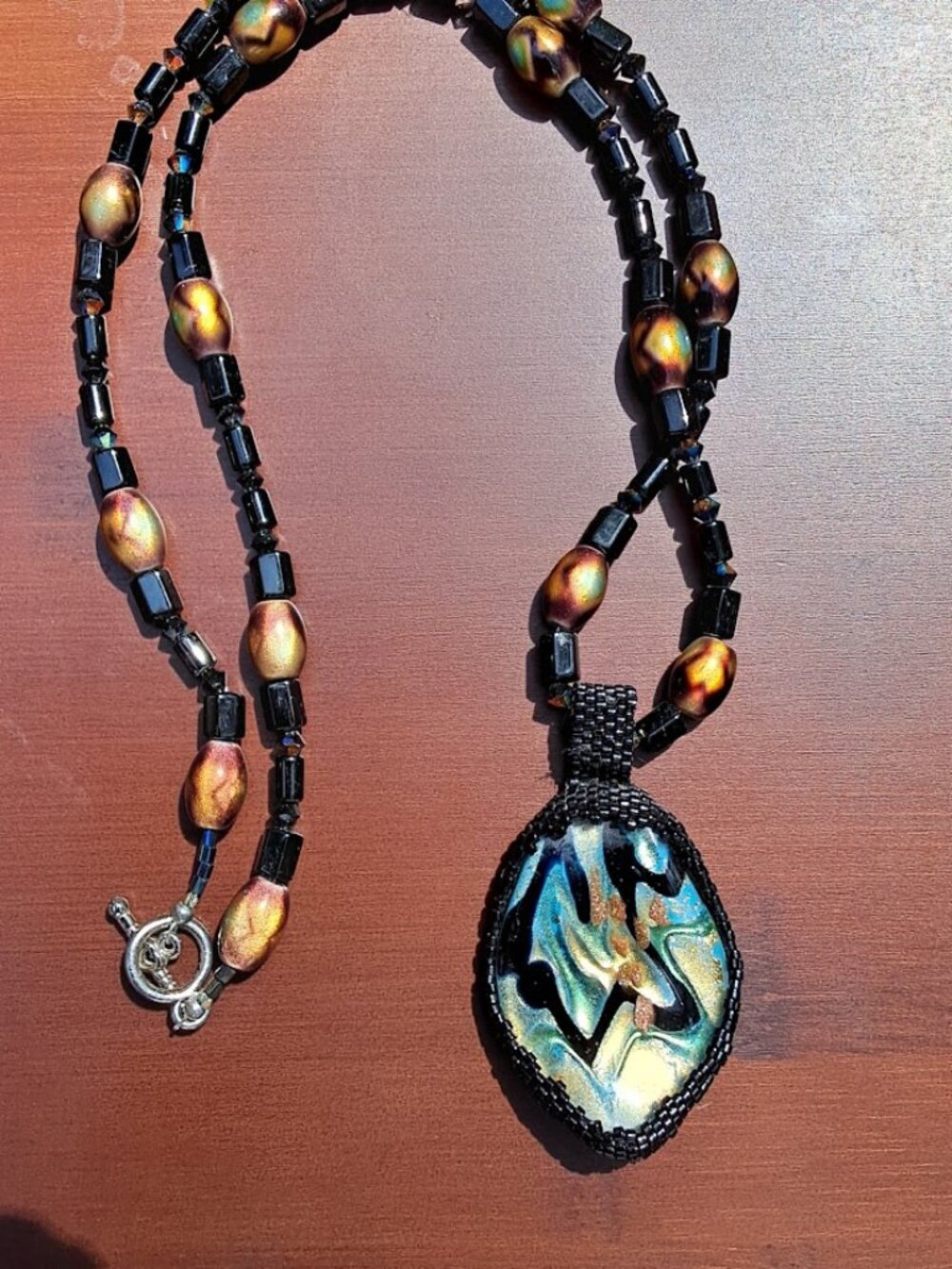 Handcrafted Beaded Necklace, Vibrant Double-Sided Dichroic/Stained Glass